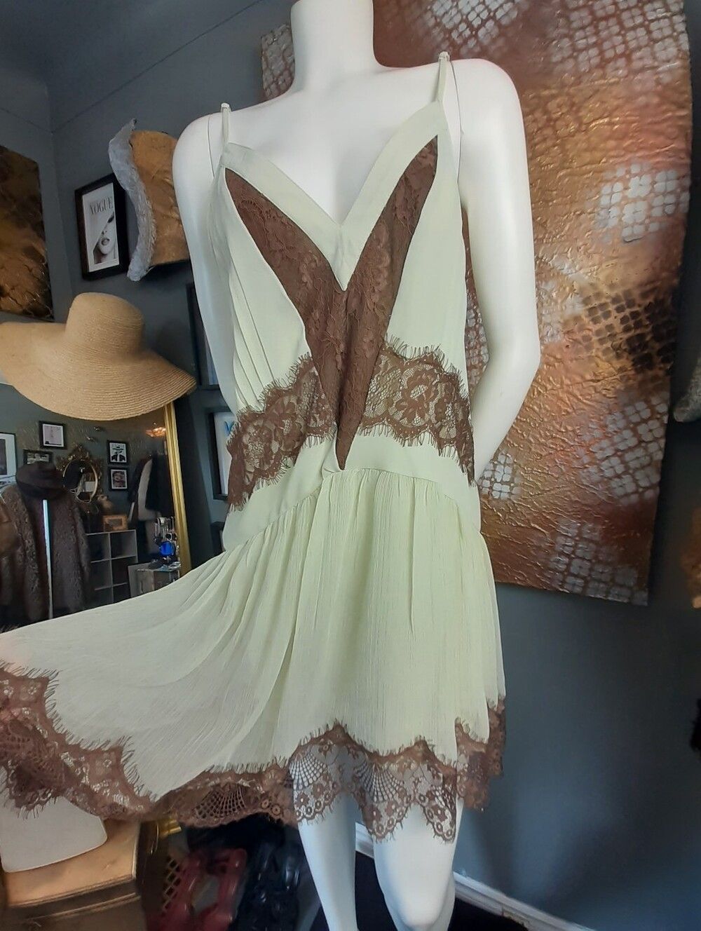 Zara Nwt Lace-Trim Chiffon Slip Dress in Pale Green and Chocolate Brown - Picture 12 of 16